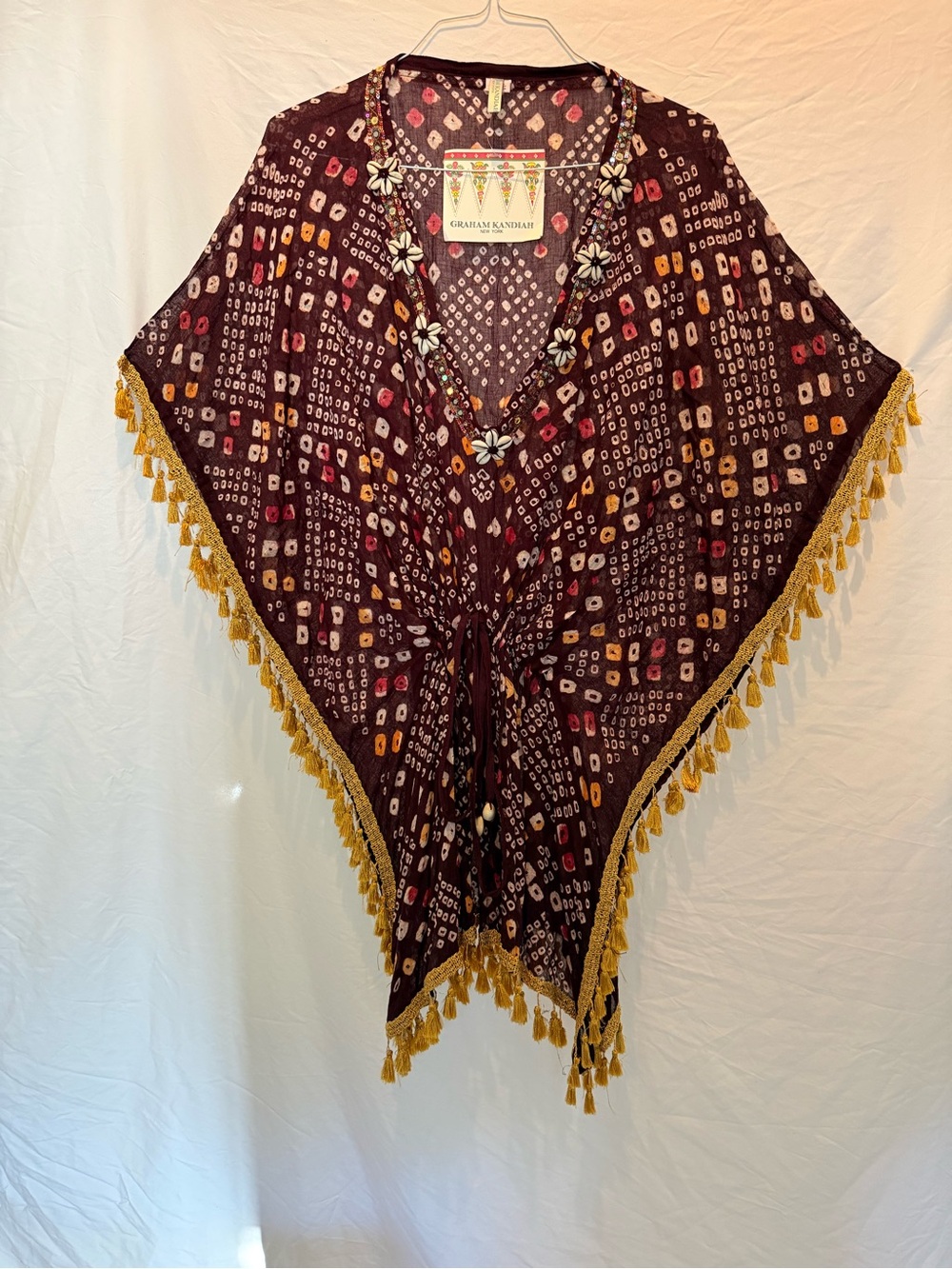Burgundy Patterned Tassel Tunic with Mustard Trim
